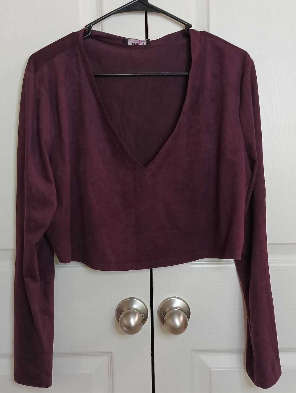 Fashion Nova Plum Suede-Look V-Neck Long Sleeve Crop Top